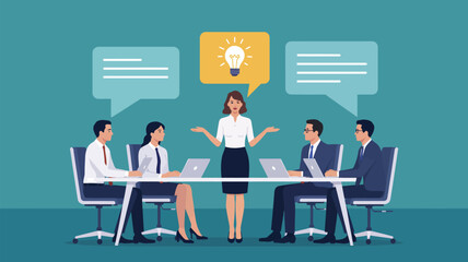 Fototapeta premium Business Team Presenting New Project Ideas in Meeting – Vector Illustration of Startup Discussion, Creative Planning, and Collaboration in a Modern Office Environment