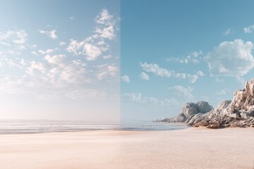 Breathtaking ultrahighquality AI generated background capturing a serene beach with clouds and rocky formations under a clear blue sky