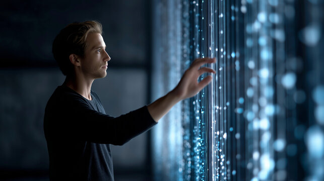 A developer monitors a quantum computer in a futuristic scene
