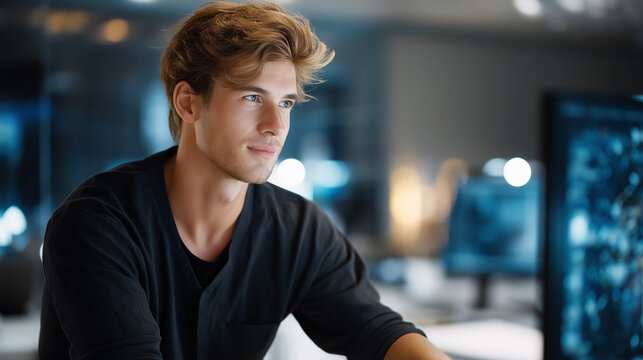 A developer monitors a quantum computer in a futuristic setting