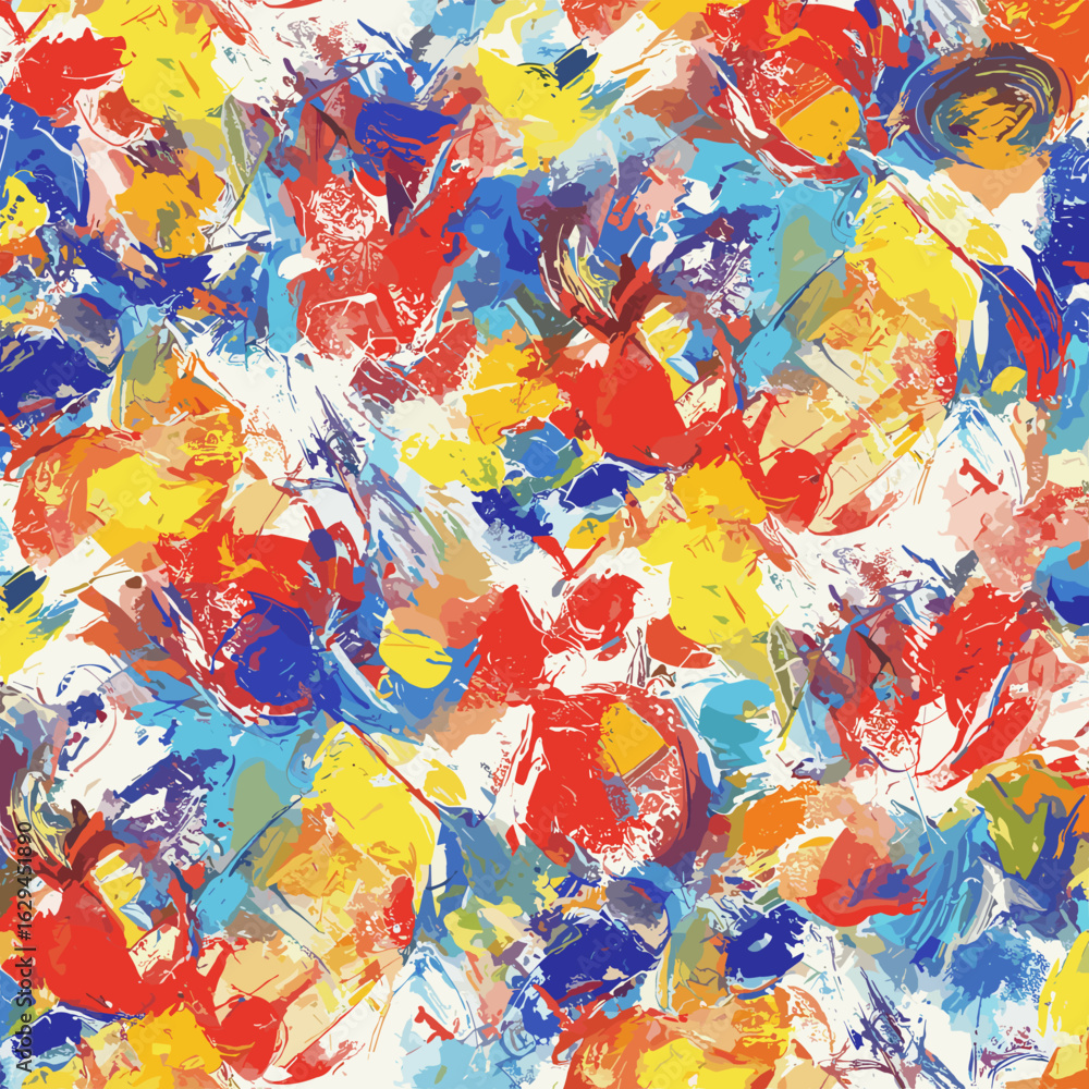 Poster dynamic abstract painting featuring vibrant strokes of red, yellow, and blue creating an energetic a
