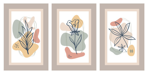 Collection of contemporary art posters in pastel colors. Abstract paper cut geometric elements and strokes, leaves and dots. Great design for social media, postcards, print.