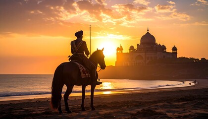 Silhouette of horseman at sunset