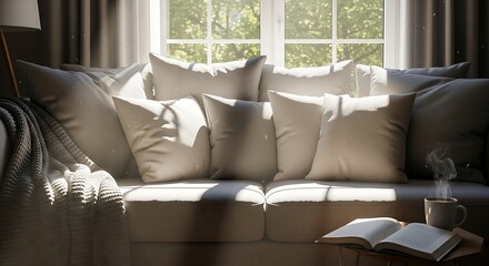 Cozy window seat with plush pillows and open book bathed in sunlight
