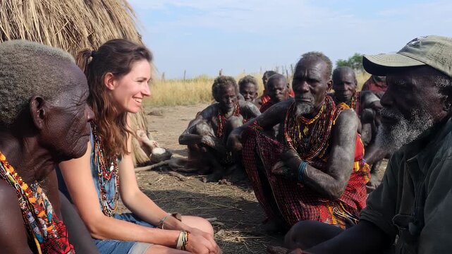 Collaborative moment in field camp where anthropologist shares findings with community members fostering mutual respect and cultural exchange under open sky.