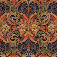 Ornate vintage pattern with intricate swirls and floral elements in warm earth tones for elegant backgrounds and designs