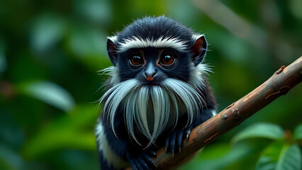Obraz premium An Emperor Tamarin (Saguinus imperator) in a lush, green forest setting