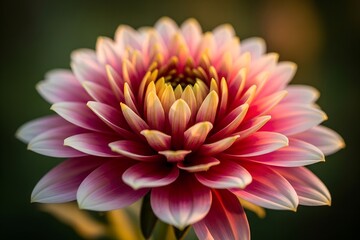 A close up of a pink and white dahlia flower with a yellow center in soft focus against dark background
