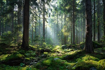 Fototapeta premium Sunlight filters through the trees in a lush green forest, showcasing vibrant foliage and a peaceful atmosphere in a tranquil natural setting