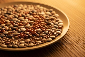 A close up shot of a plate filled with a variety of seeds on a wooden surface under warm lighting