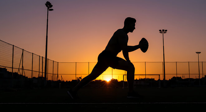 Silhouette of a male athlete with a football, demonstrating athletic power and determination during a sunset workout.