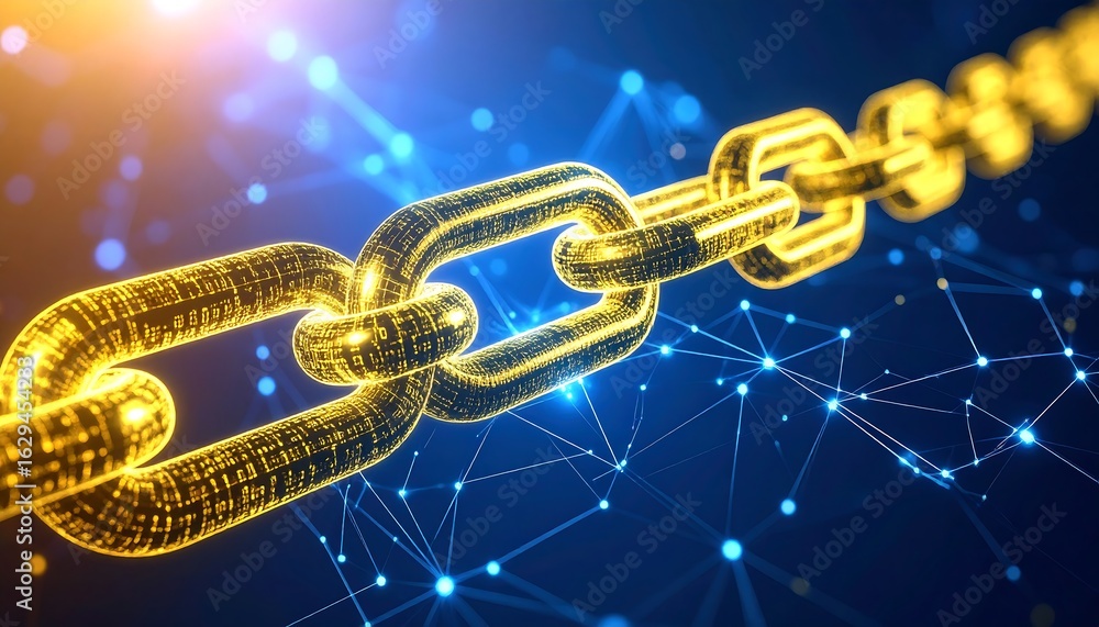 Poster a digital chain made of glowing code on a futuristic network background, representing blockchain tec