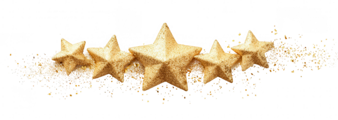 Five golden stars on a bed of glittering particles