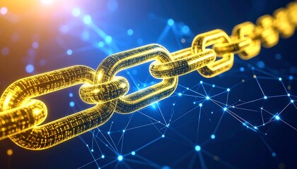 A digital chain made of glowing code on a futuristic network background, representing blockchain technology.