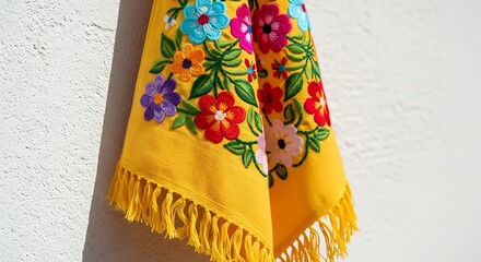 Handcrafted yellow towel with vibrant floral embroidery hanging on a white wall
