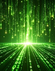 A digital representation of the Matrix, with falling binary code and streams of numbers, creating a futuristic and tech-inspired backdrop.