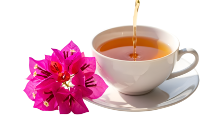 Tea Pours into Cup near Pink Bougainvillea Flower on Transparent Background in Studio