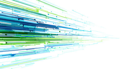 Abstract streaks of blue and green lines on a white background, representing speed and motion.