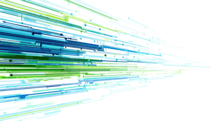 Abstract streaks of blue and green lines on a white background, representing speed and motion.