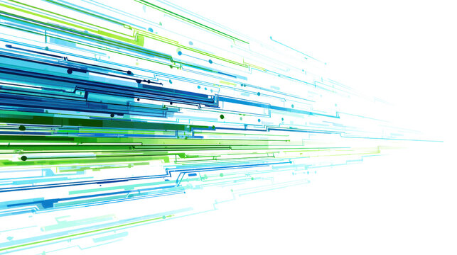 Abstract streaks of blue and green lines on a white background, representing speed and motion.