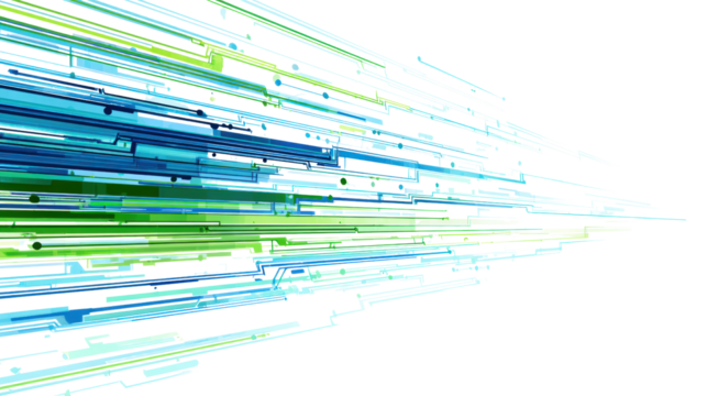 Abstract streaks of blue and green lines on a white background, representing speed and motion.