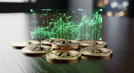 Golden Bitcoin coins arranged in front of a glowing green financial graph, representing market trends.