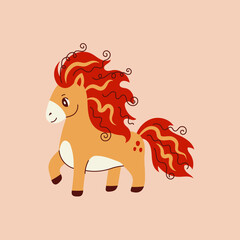 Standing Fire Horse with Curly Red Mane . Cartoon zodiac animal with bright Fiery Tail. Flat hand drawn vector illustration for 2026 Lunar New Year.