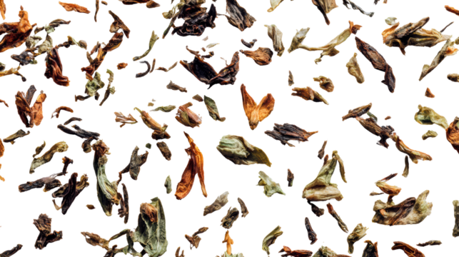 Assorted dried tea leaves on a white isolated background.