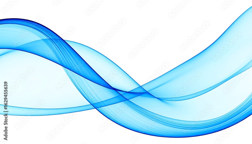 Poster a flowing abstract design featuring smooth, translucent blue waves on a white background, creating a