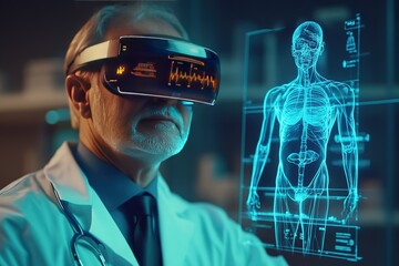 AI-powered medical diagnostic scanner, glowing interface, futuristic clinic setting, hyper-realistic details