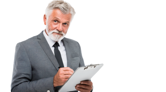Businessman in a suit holding a clipboard, isolated on a white background.