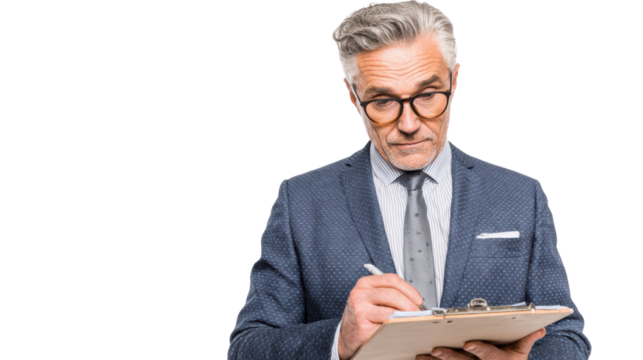 Businessman in suit writing on clipboard, isolated on white background.