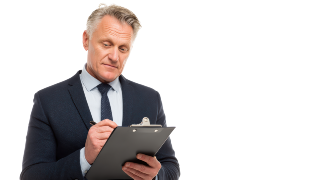 Businessman writing notes on a clipboard with a focused expression, white isolated background.