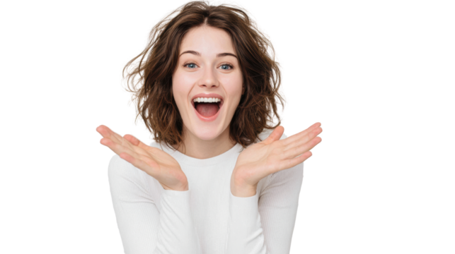 Cheerful young woman with curly hair expressing excitement, white isolated background.