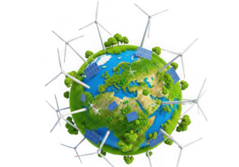 Green earth globe with wind turbines and solar panels depicting clean and renewable energy sources for the future isolated on transparent background