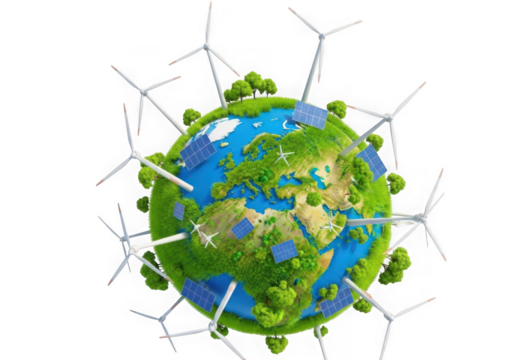 Green earth globe with wind turbines and solar panels depicting clean and renewable energy sources for the future isolated on transparent background
