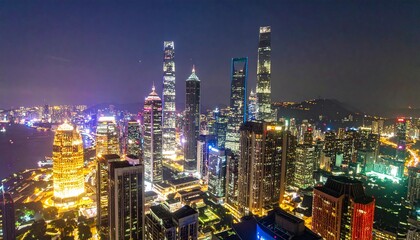 Modern Cityscape at Night – High-Resolution Urban Skyline with Tall Buildings, Illuminated Skyscrapers, Glowing Windows, Dark Blue Sky, and Vibrant Night Lights in a Futuristic Metropolis Scene