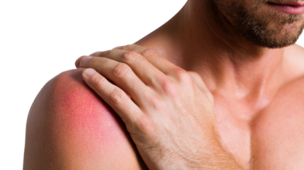 Close-up of a man's hand touching a red spot on his shoulder, expressing discomfort or pain.
