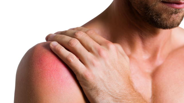 Close-up of a man's hand touching a red spot on his shoulder, expressing discomfort or pain.