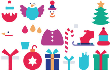 Festive christmas icons collection with snowman and reindeer