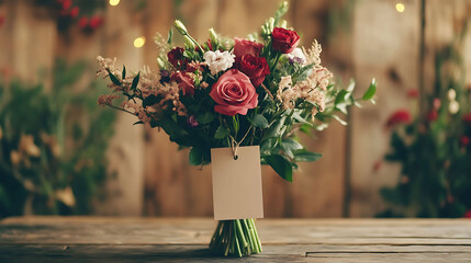 A bouquet of flowers with a blank tag tied to the stems