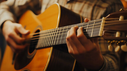 Fototapeta premium A boutique guitar shop with acoustic instruments and friendly staff