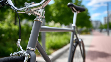 Close-up of bicycle handlebar on a sunny city street