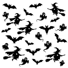 Silhouettes of witches on broomsticks, bats, and ghosts scattered across a white background, creating a spooky Halloween-themed pattern.