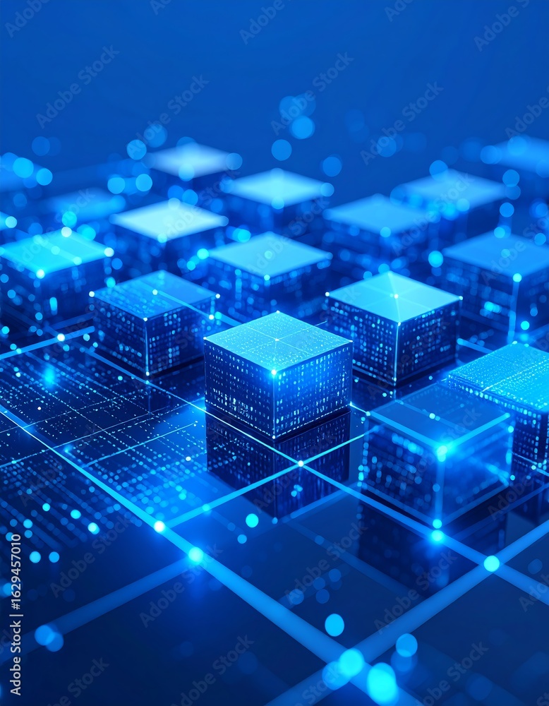 Poster a futuristic digital abstract with glowing blue cubes arranged in a grid, connected by lines and poi