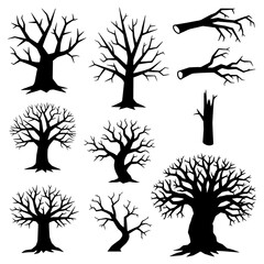 Silhouette illustrations of various bare trees and branches, showcasing different shapes and forms.