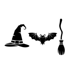 Black silhouette illustration featuring a witch's hat, a bat, and a broom.