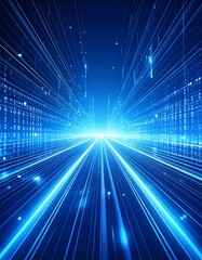 A futuristic digital highway of blue light streaks and binary code.