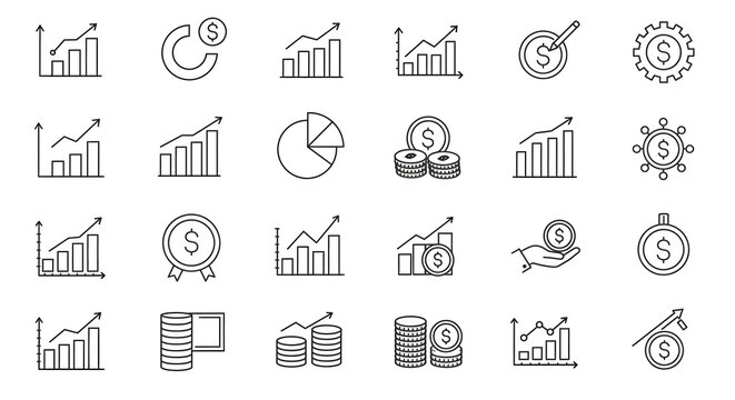 A collection of thin line icons representing business finance and economic growth. Includes symbols for money, investment, profit, and data analysis charts.