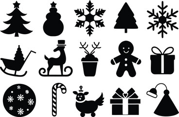 Collection of black christmas icons on white background